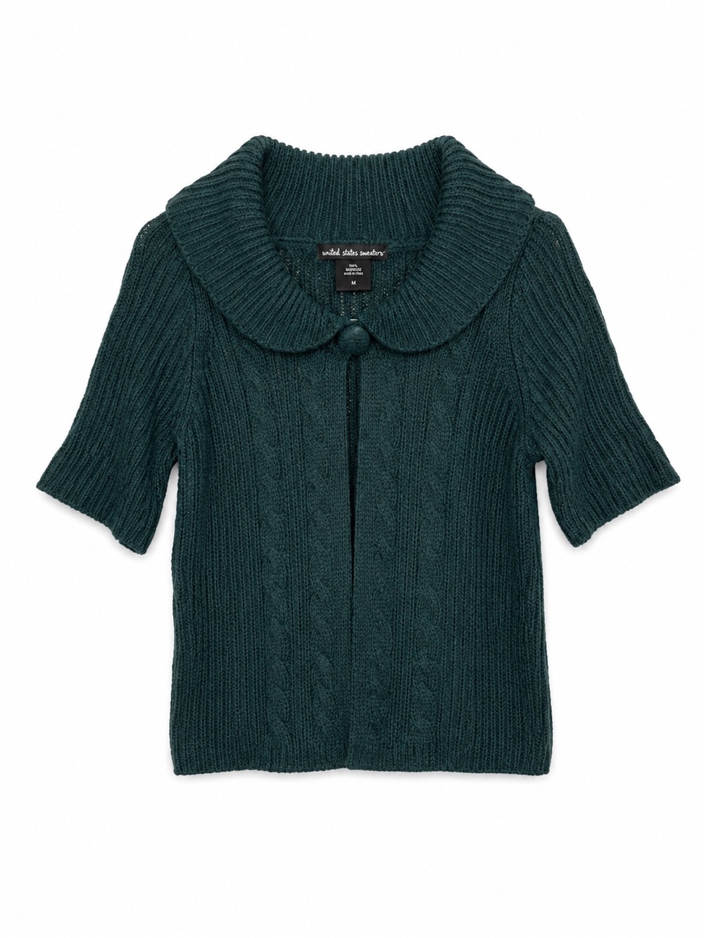 United States Sweaters Green Cable Knit Short Sleeve Collared Sweater Medium